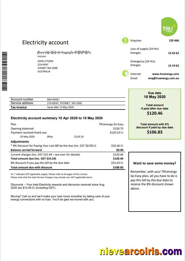 Australia Tru Energy electricity utility bill